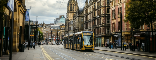 Leeds 42 City street with tram buildings